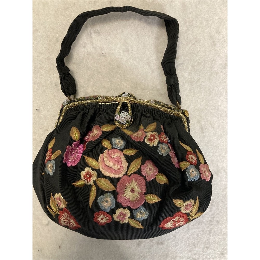 Vtg Hand Made in France Embroidered Black Purse Beaded Enamel Flower Accents